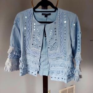 Boston Proper Cropped Linen Jacket with Embellishments and Tiny Mirrors!